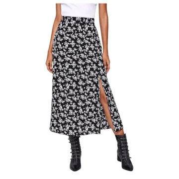 Floerns Boho Floral High Waist Split Midi Skirt Black