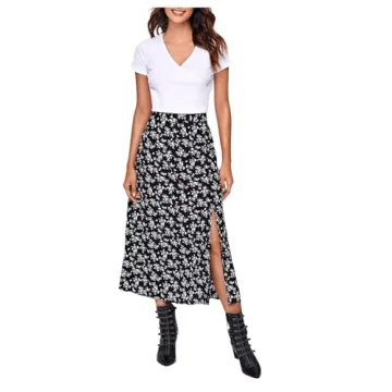 Floerns Boho Floral High Waist Split Midi Skirt Black
