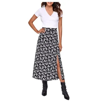 Floerns Boho Floral High Waist Split Midi Skirt Black