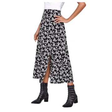 Floerns Boho Floral High Waist Split Midi Skirt Black