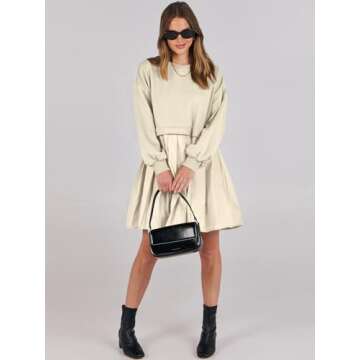 ANRABESS Women Sweatshirts Dress Oversized Long Sleeve Patchwork Casual Loose Pleated Pullover Mini Dress Fall Outfits 2025 Beige Medium