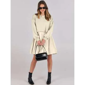 ANRABESS Women Sweatshirts Dress Oversized Long Sleeve Patchwork Casual Loose Pleated Pullover Mini Dress Fall Outfits 2025 Beige Medium