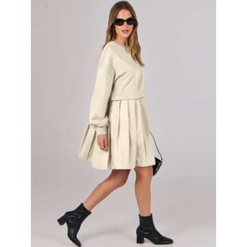 ANRABESS Women Sweatshirts Dress Oversized Long Sleeve Patchwork Casual Loose Pleated Pullover Mini Dress Fall Outfits 2025 Beige Medium