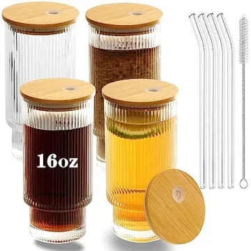 CAYOREPO 4 Pcs Set 16oz Ribbed Drinking Glasses with Bamboo Lids and Straws, Ribbed Glass Cups, Stac...