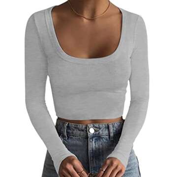 MISSACTIVER Women’s Basic Square Neck Ribbed Knit Crop Top Long Sleeve Slim Fit Fall Casual Top