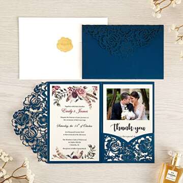 DORIS HOME 50pcs Laser Cut Wedding Invitations with Envelopes Blue, 4.7x7.1 Blank Invitation Cards f...