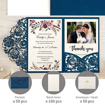 DORIS HOME 50pcs Laser Cut Wedding Invitations with Envelopes Blue, 4.7x7.1 Blank Invitation Cards for Wedding, Anniversary Invitations with Envelopes