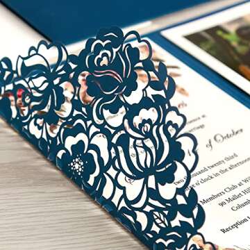 DORIS HOME 50pcs Laser Cut Wedding Invitations with Envelopes Blue, 4.7x7.1 Blank Invitation Cards for Wedding, Anniversary Invitations with Envelopes