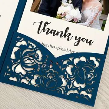 DORIS HOME 50pcs Laser Cut Wedding Invitations with Envelopes Blue, 4.7x7.1 Blank Invitation Cards for Wedding, Anniversary Invitations with Envelopes