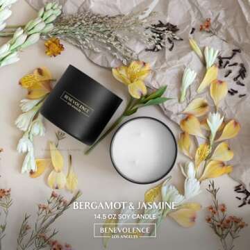 Benevolence LA 3 Wick Candle, Bergamot & Jasmine Large Scented Candle | Soy Candles | Gifts for Wome...
