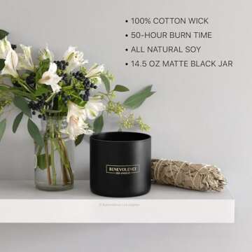 Benevolence LA 3 Wick Candle, Bergamot & Jasmine Large Scented Candle | Soy Candles | Gifts for Women and Men | Home Fragrance | Aromatherapy | Bathroom Freshener | 14.5 Oz, 45 Hour Burn