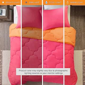 Comfort Spaces Vixie Reversible Comforter Set - Trendy Casual Geometric Quilted Cover, All Season Down Alternative Cozy Bedding, Matching Sham, Pink/Orange, Twin/Twin XL 2 piece