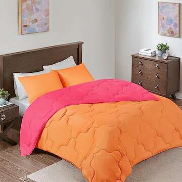Comfort Spaces Vixie Reversible Comforter Set - Trendy Casual Geometric Quilted Cover, All Season Down Alternative Cozy Bedding, Matching Sham, Pink/Orange, Twin/Twin XL 2 piece