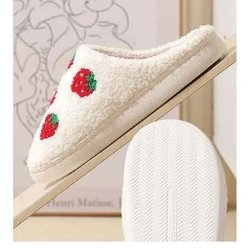QSKPC Women's Men's Heart Heart Slippers Strawberry Cherry Mushroom Slippers Evil Eye Slippers Cartoon Animal Cat Slippers Memory Foam Cozy Plush Slippers Couple Indoor Household Slippers, Strawberry,