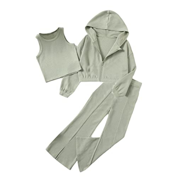 Floerns Girls Three Piece Outfit with Long Sleeve Hoodie & Flare Pants A Green 10Y