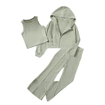 Floerns Girls 3 Piece Hoodie & Flare Pants Set Green 10Y