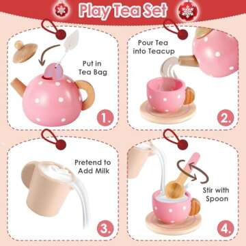 BUYGER Pretend Play Princess Tea Party Set for 3 4 5 6 + Year Old Wooden Kitchen Play Food Accessori...