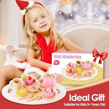 BUYGER Pretend Play Princess Tea Party Set for 3 4 5 6 + Year Old Wooden Kitchen Play Food Accessories Sets Gifts for Toddler Little Girls Boys Age 3-5