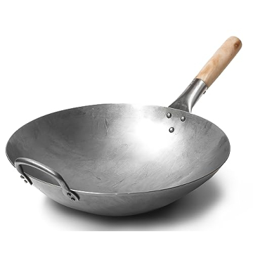 Craft Wok Traditional Hand Hammered Carbon Steel Pow Wok with Wooden and Steel Helper Handle (14 Inc...