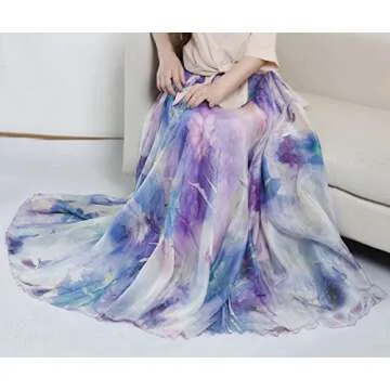 MedeShe Women's Chiffon Floral Print Elasticated Waist Maxi Skirt (Lavender Lotus, X-Large)