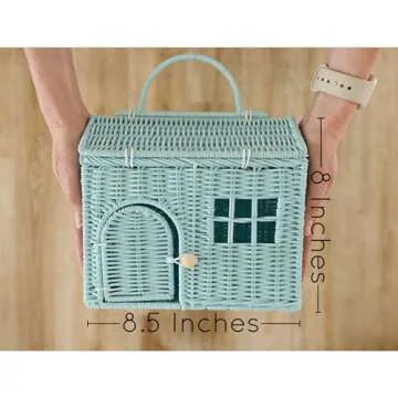 Rool Rattan House Shaped Basket Wicker Small Dollhouse Gift for Girls, Boho Toys, Mouse in a Box House, Little Girl Purse Clutch, Doll Carrier (Blue)