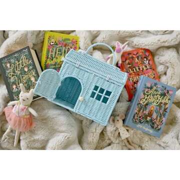 Rool Rattan House Shaped Basket Wicker Small Dollhouse Gift for Girls, Boho Toys, Mouse in a Box House, Little Girl Purse Clutch, Doll Carrier (Blue)