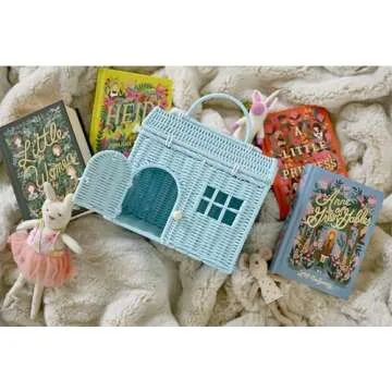 Rool Rattan House Shaped Basket Wicker Small Dollhouse Gift for Girls, Boho Toys, Mouse in a Box House, Little Girl Purse Clutch, Doll Carrier (Blue)