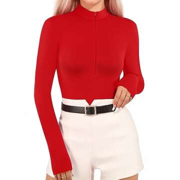 MANGOPOP Long Sleeve Body Suit Mock Turtle Neck Fleece lined Zip Up Bodysuit for Women Ribbed Deep V...