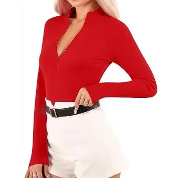 MANGOPOP Long Sleeve Body Suit Mock Turtle Neck Fleece lined Zip Up Bodysuit for Women Ribbed Deep V Sexy Bodysuit Shirts