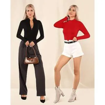 MANGOPOP Long Sleeve Body Suit Mock Turtle Neck Fleece lined Zip Up Bodysuit for Women Ribbed Deep V Sexy Bodysuit Shirts