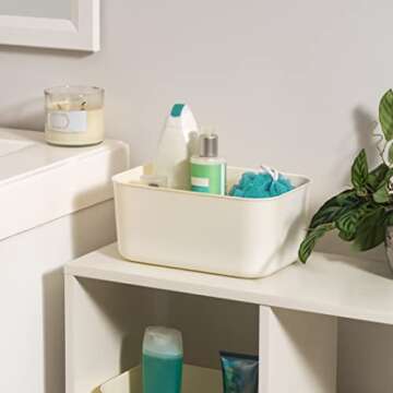 IRIS USA Plastic Basket Bin & Lid, Small, 4-Pack, Stackable Lidded Storage Organizer Bins for-Kitchen-Bathroom and Bedroom, Off White