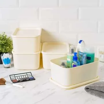 IRIS USA Plastic Basket Bin & Lid, Small, 4-Pack, Stackable Lidded Storage Organizer Bins for-Kitchen-Bathroom and Bedroom, Off White