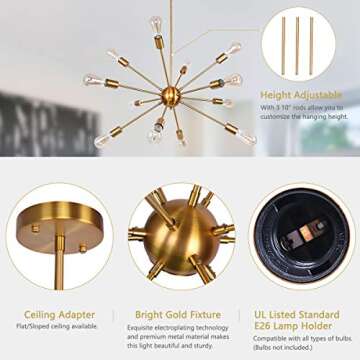 Merbotin 12 Lights Brass Sputnik Chandeliers, Mid Century Sputnik Light Fixture Modern Brass Dining Room Light Chandeliers Ceiling Hanging Lighting for Dining Room Living Room Kitchen Island