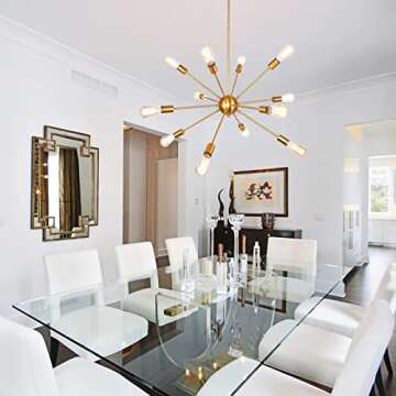 Merbotin 12 Lights Brass Sputnik Chandeliers, Mid Century Sputnik Light Fixture Modern Brass Dining Room Light Chandeliers Ceiling Hanging Lighting for Dining Room Living Room Kitchen Island