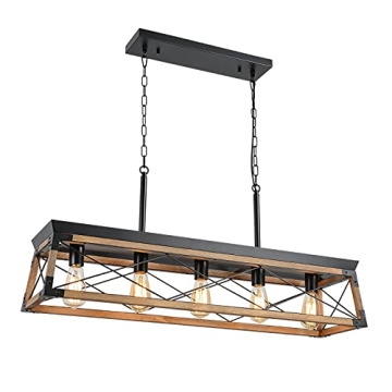 Airposta Farmhouse Rustic Wood Chandelier, 5 Lights Metal Rectangle Dining Room Swag Lighting, Kitch...