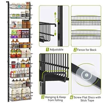 1Easylife 10-Tier Adjustable Over-the-Door Pantry Organizer, Black Metal, Space Saving, Hanging Shelf, Kitchen & Bathroom Storage Rack