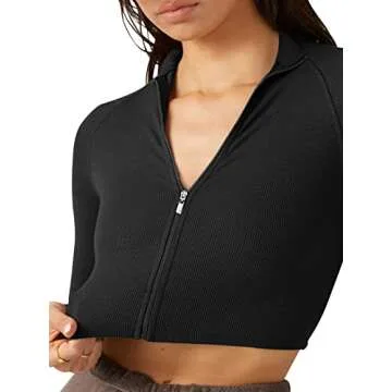 LASLULU Womens Cropped Long Sleeve Athletic Running Shirts Crop Tops Zipper Slim Fit Workout Yoga Sports Tops Pullover Outwear(Black Small)