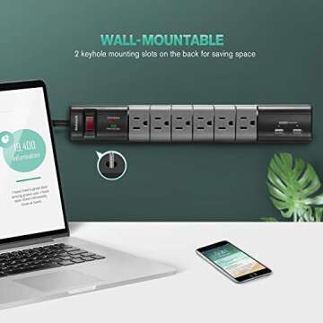 Nekteck Flat Plug Surge Protector, Surge Protector Power Strip with 2 USB Port and 6 Rotating-Outlet, 590 Joule,15A 1800W 6ft Extension Cord, Wall-mountable Surge Protector for Home Office Hotel