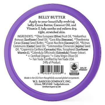 Badger Belly Butter, Organic Stretch Mark Cream for Pregnant Belly, Rich Hypoallergenic Moisturizing Organic Cocoa Butter & Coconut Body Butter for Women, 2 oz Tin