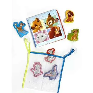 Disney Animals Bath Time Books - Activity Books for kids, Bath book, 6 Padded suction cups, 1 Mesh bag
