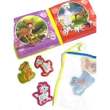 Disney Animals Bath Time Books - Activity Books for kids, Bath book, 6 Padded suction cups, 1 Mesh bag