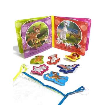 Disney Animals Bath Time Books - Activity Books for kids, Bath book, 6 Padded suction cups, 1 Mesh bag