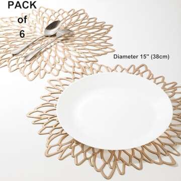 Snowkingdom Pack of 6 Gold Metallic Placemats Laminated Vinyl Round Leaf Plastic Dinning Table Place...