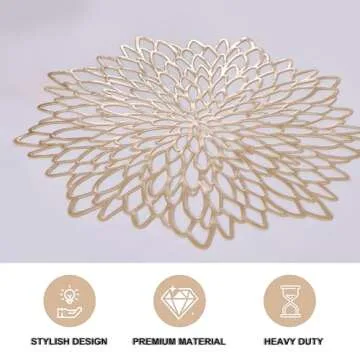 Snowkingdom Pack of 6 Gold Metallic Placemats Laminated Vinyl Round Leaf Plastic Dinning Table Place Mats Decoration for Wedding Christmas Thanksgiving Holiday