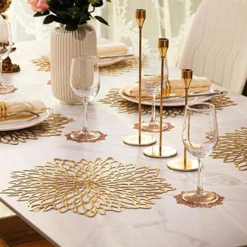 Snowkingdom Pack of 6 Gold Metallic Placemats Laminated Vinyl Round Leaf Plastic Dinning Table Place Mats Decoration for Wedding Christmas Thanksgiving Holiday
