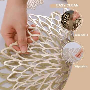 Snowkingdom Pack of 6 Gold Metallic Placemats Laminated Vinyl Round Leaf Plastic Dinning Table Place Mats Decoration for Wedding Christmas Thanksgiving Holiday