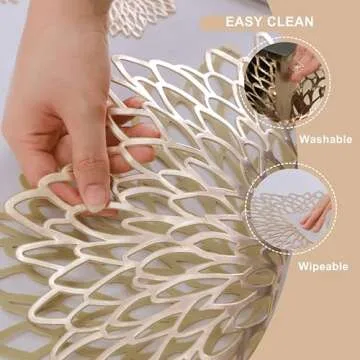 Snowkingdom Pack of 6 Gold Metallic Placemats Laminated Vinyl Round Leaf Plastic Dinning Table Place Mats Decoration for Wedding Christmas Thanksgiving Holiday