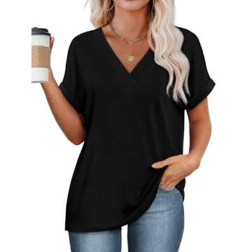 WIHOLL Womens Tops Short Sleeve Shirts Summer Outfits 2025 Fashion Trendy V Neck Dressy Casual Clothes Black S