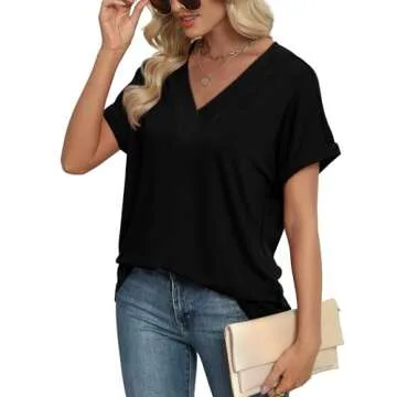 WIHOLL Womens Tops Short Sleeve Shirts Summer Outfits 2025 Fashion Trendy V Neck Dressy Casual Clothes Black S