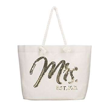 ELEGANTPARK Future Mrs. EST. 2021 Large Bride Tote Bag Personalized Wedding Bachelorette Bridal Shower Gifts Shoulder Bag Gold Sequin with Interior Pocket Jute